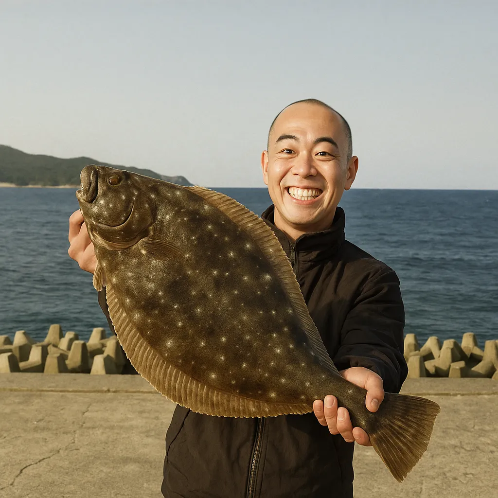 北上川河口でヒラメの釣果を得たがんだま君.webp
