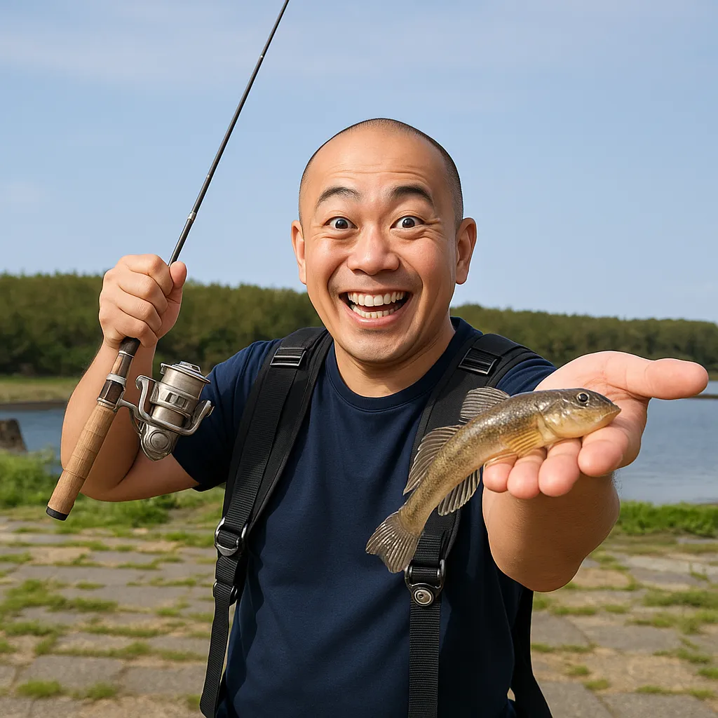 十三湖でハゼの釣果を得たがんだま君.webp