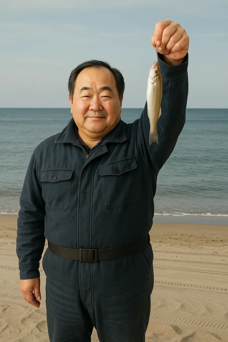 十里塚海岸でシロギスの釣果を得た持田.webp