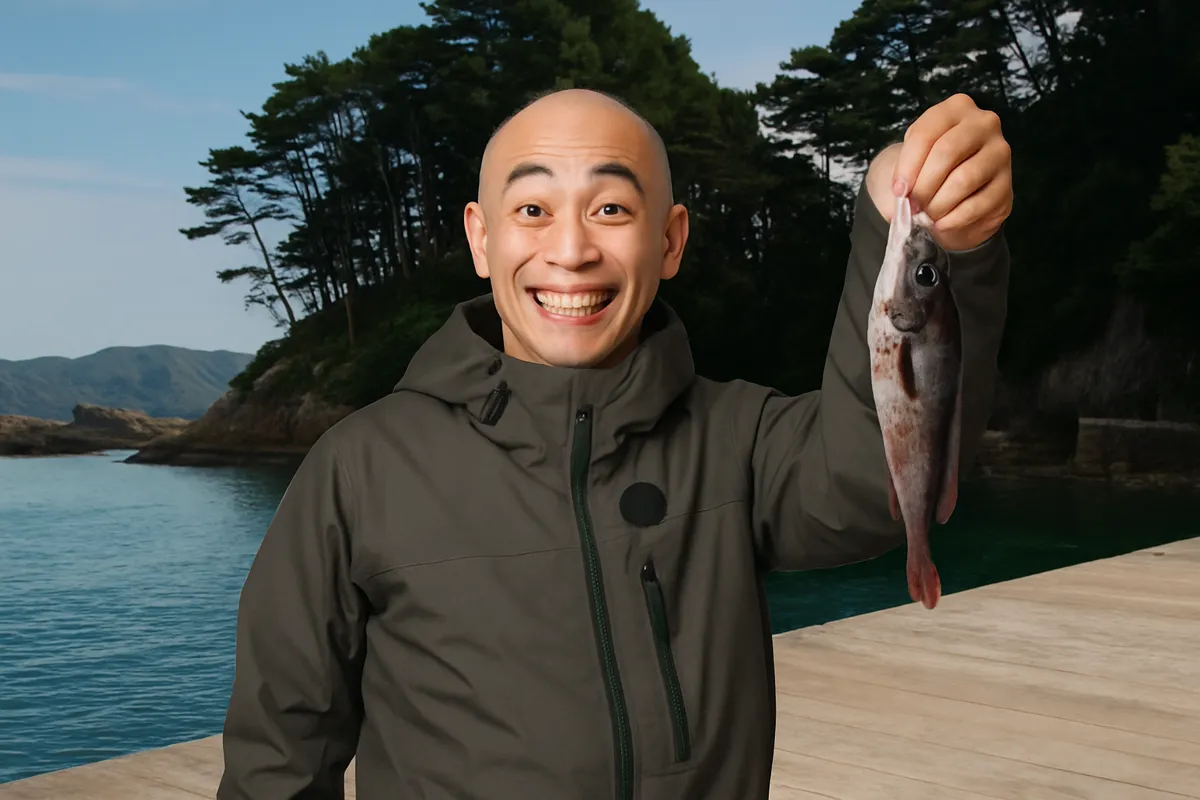 千歳漁港でドンコの釣果を得たがんだま君.webp