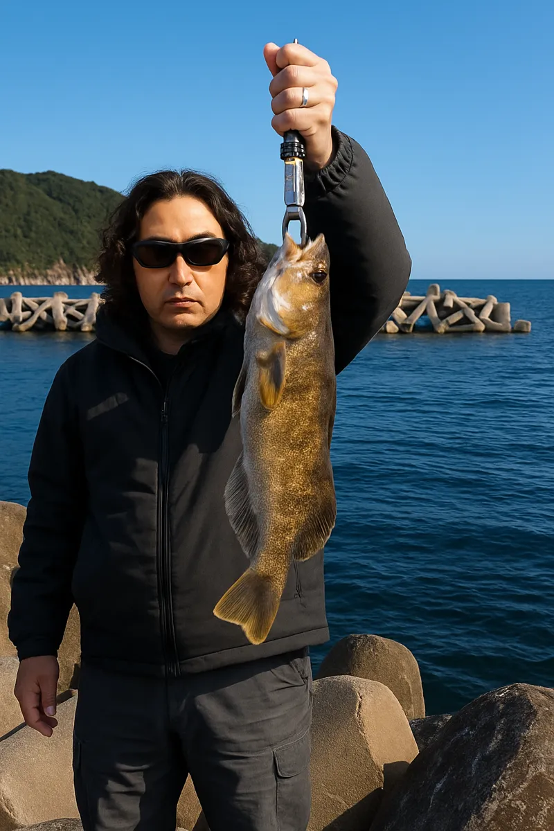 千鶏漁港でアイナメの釣果を得た岸本.webp