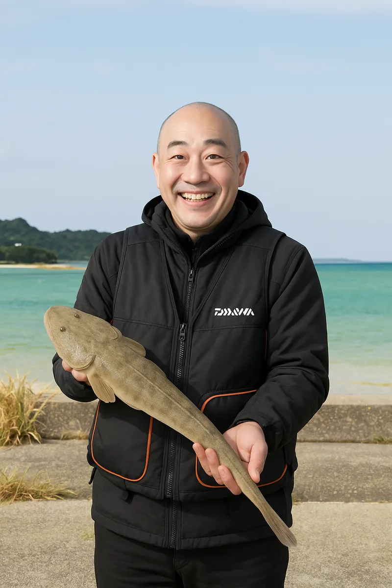 南原漁港でコチの釣果を得たがんだま君.webp