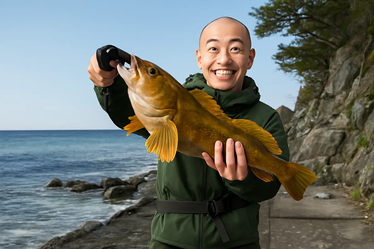 吉浜漁港でアイナメの釣果を得たがんだま君.webp