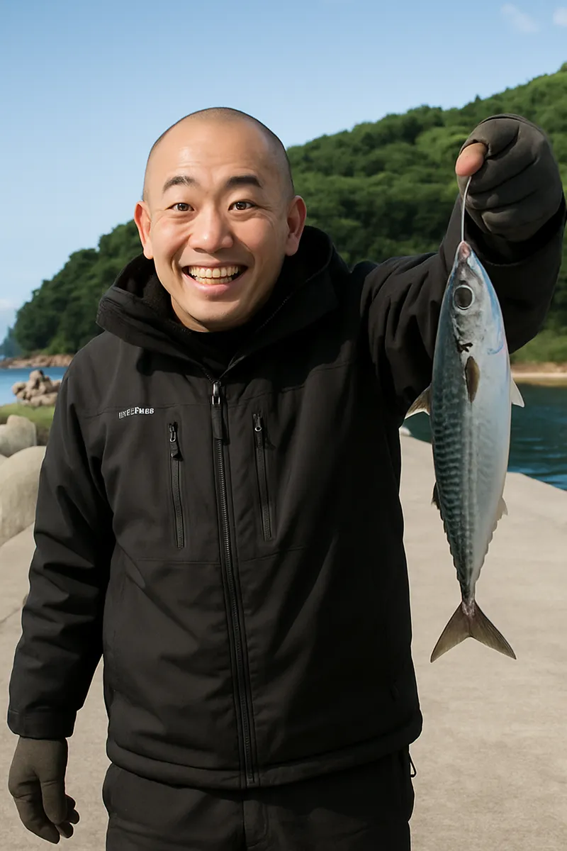 吉浜漁港でサバの釣果を得たがんだま君.webp