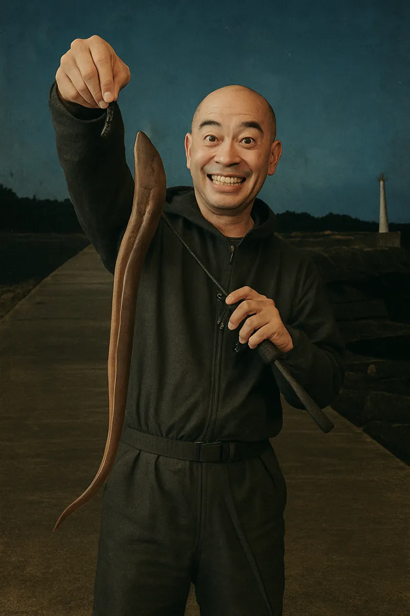 吉田花渕漁港でアナゴの釣果を得たがんだま君.webp