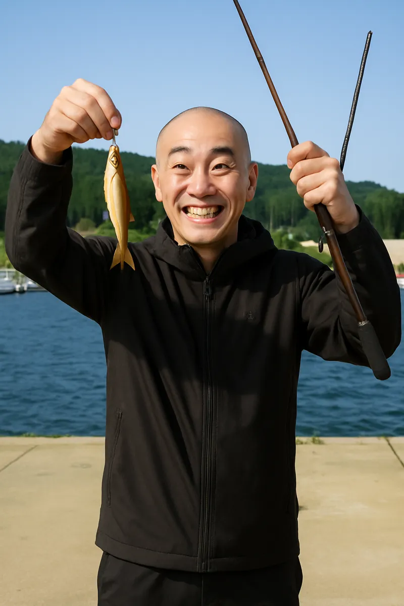 吉里吉里漁港でチカの釣果を得たがんだま君.webp
