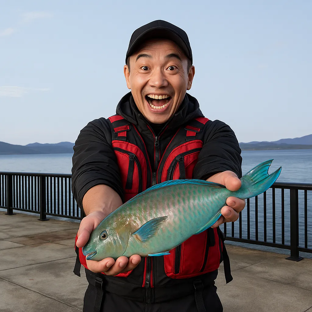 名護漁港でイラブチャーの釣果を得たがんだま君.webp
