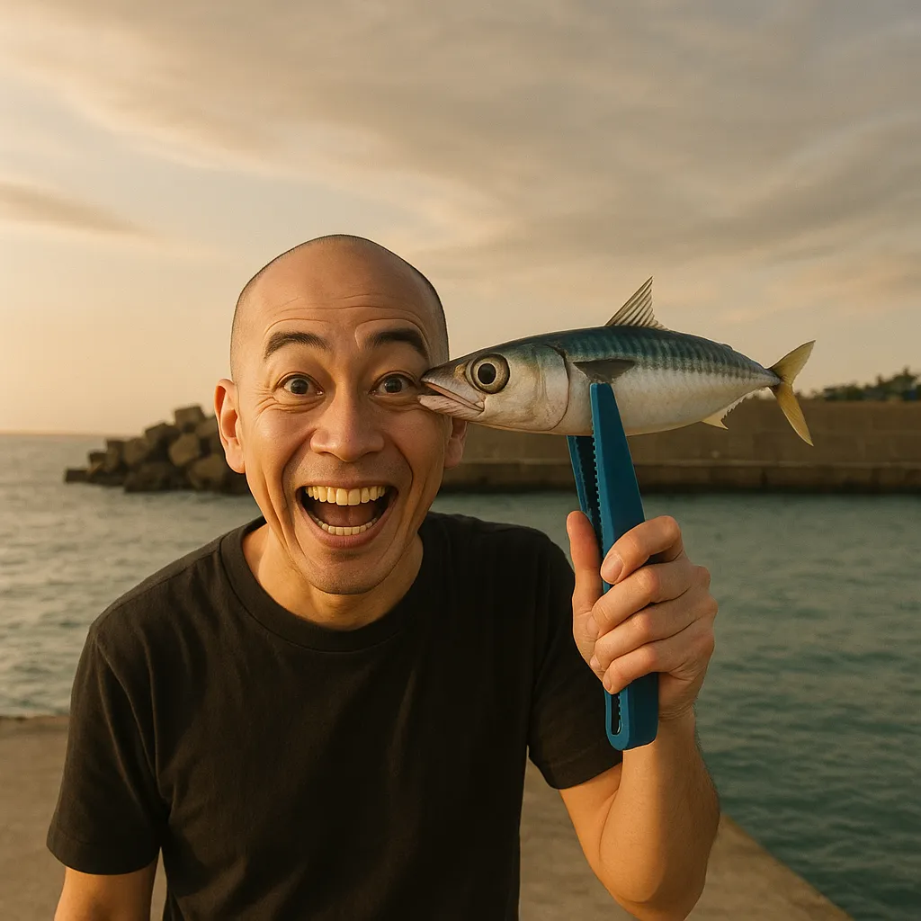 名足漁港でサバの釣果を得たがんだま君.webp