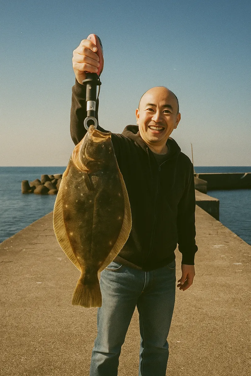 吹浦漁港でヒラメの釣果を得たがんだま君.webp
