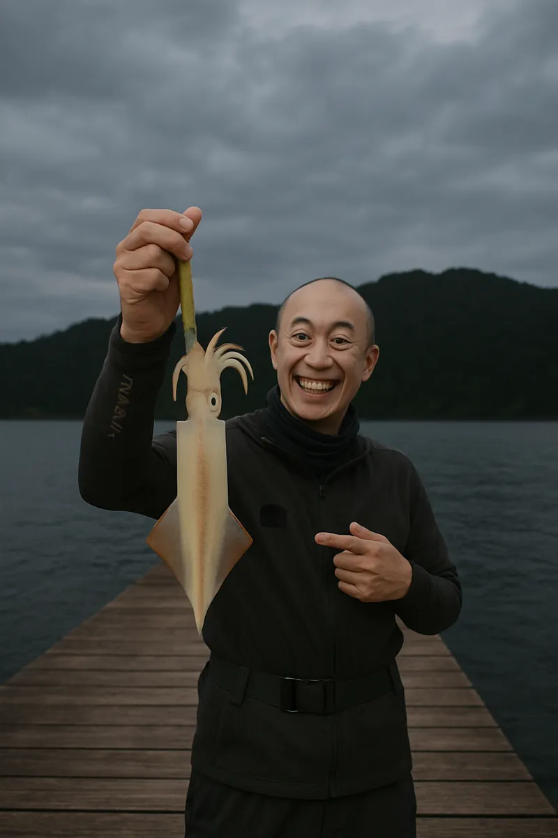 唐丹漁港でヤリイカの釣果を得たがんだま君.webp