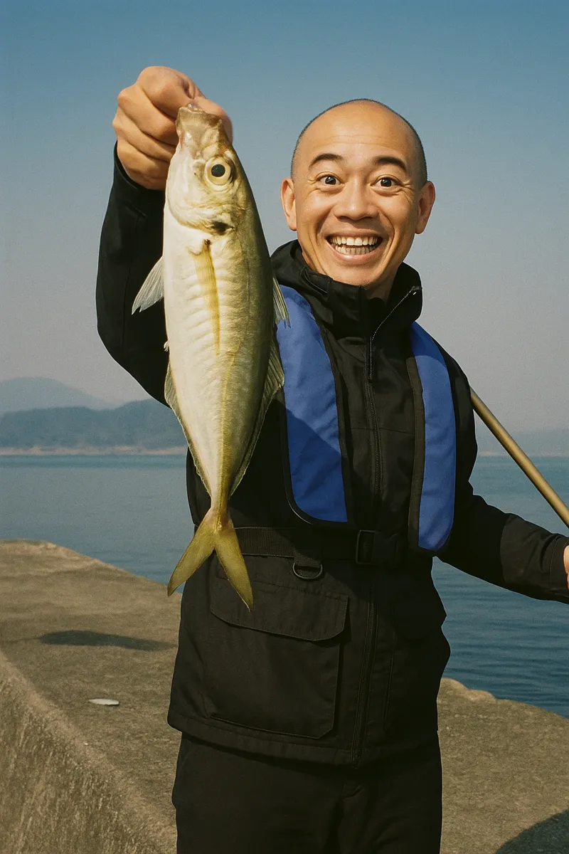 地松浦港でアジの釣果を得たがんだま君.webp