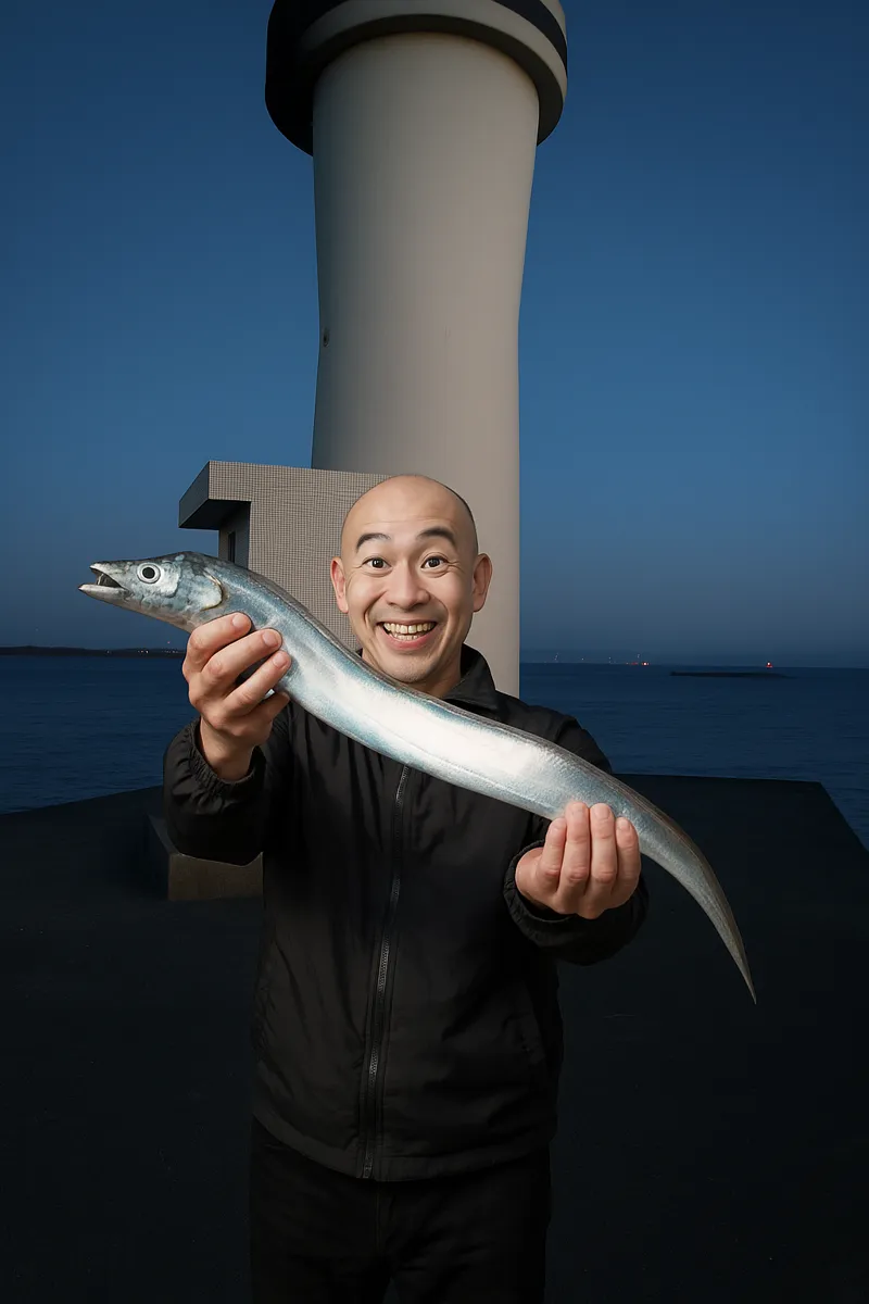 坂ノ市一文字でタチウオの釣果を得たがんだま君.webp
