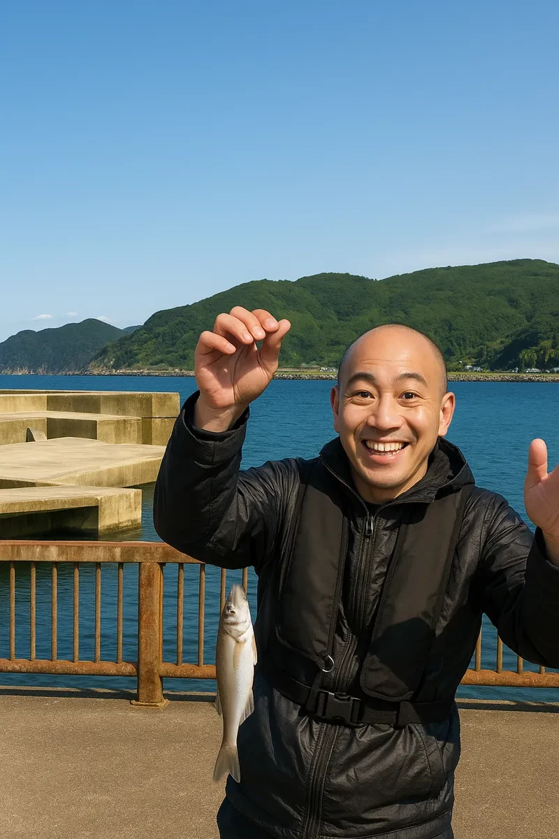 堅苔沢漁港でシロギスの釣果を得たがんだま君.webp