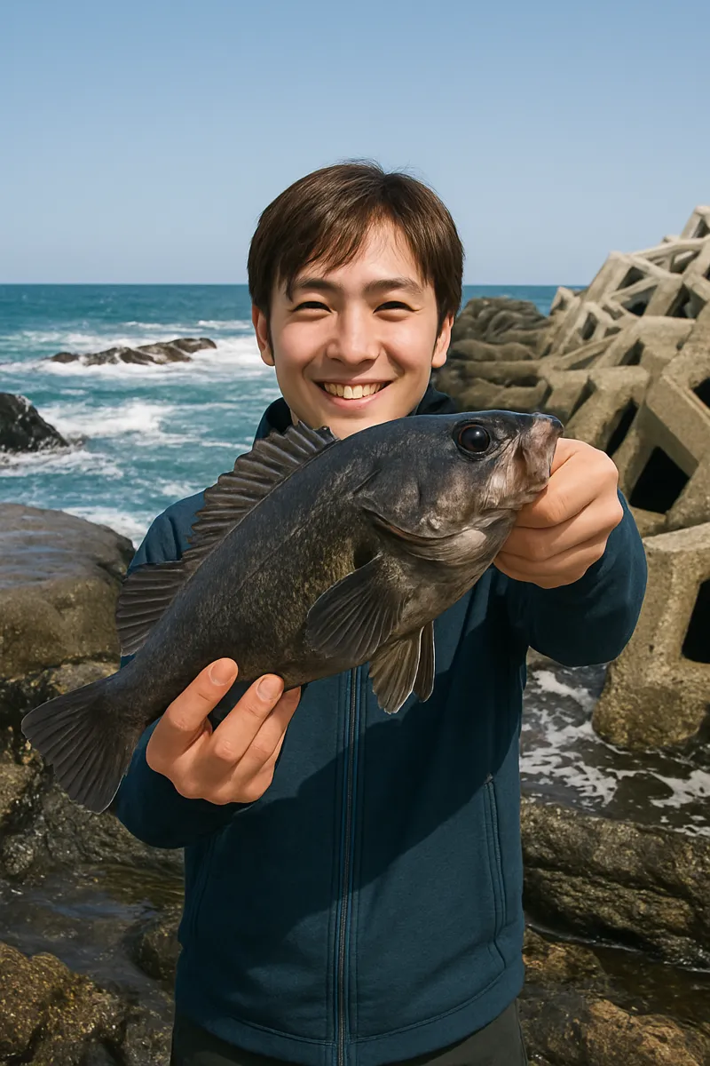 堅苔沢漁港でソイの釣果を得た男性.webp
