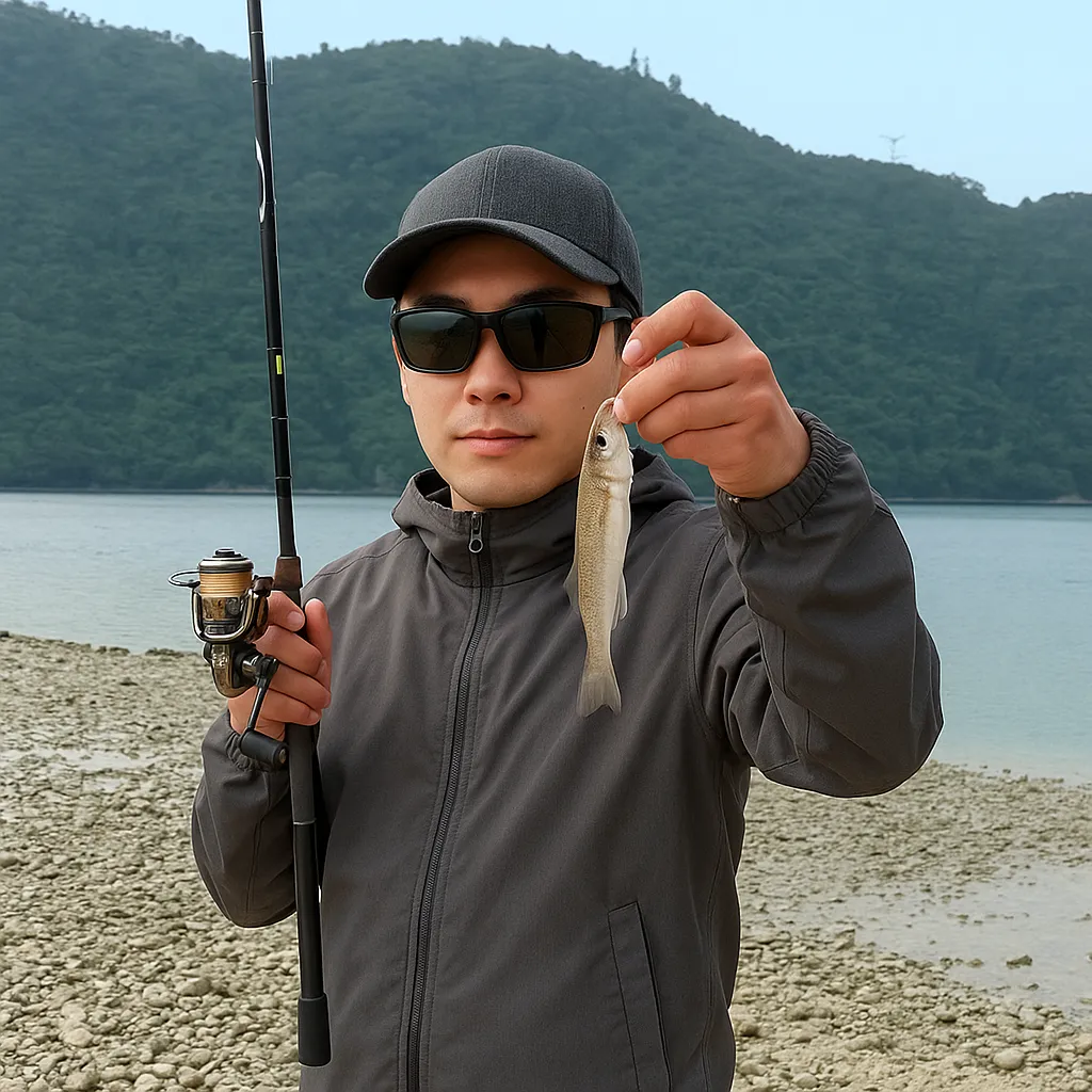 塩屋湾でウジュルの釣果を得た男性.webp