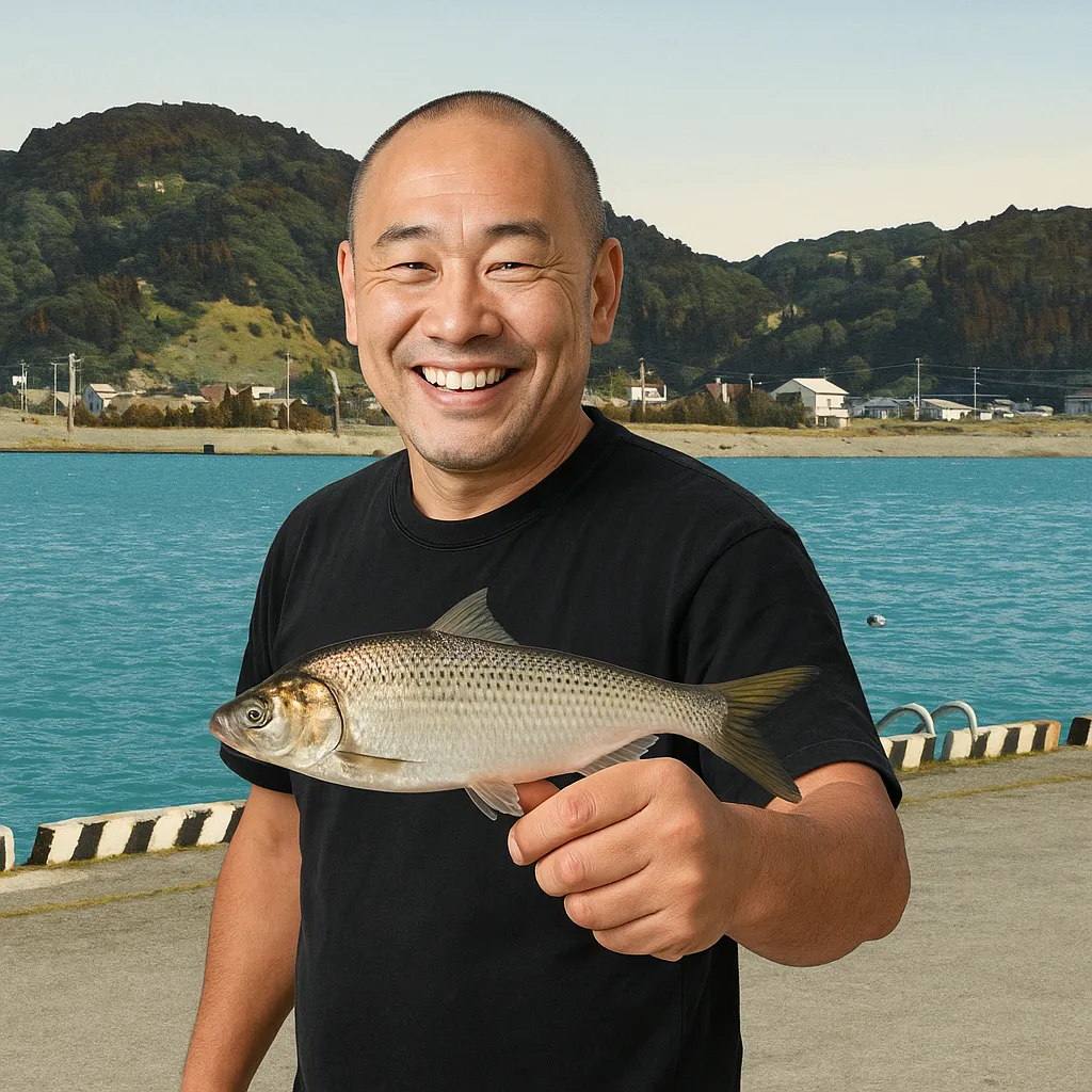 外浦港でコノシロの釣果を得たがんだま君.webp