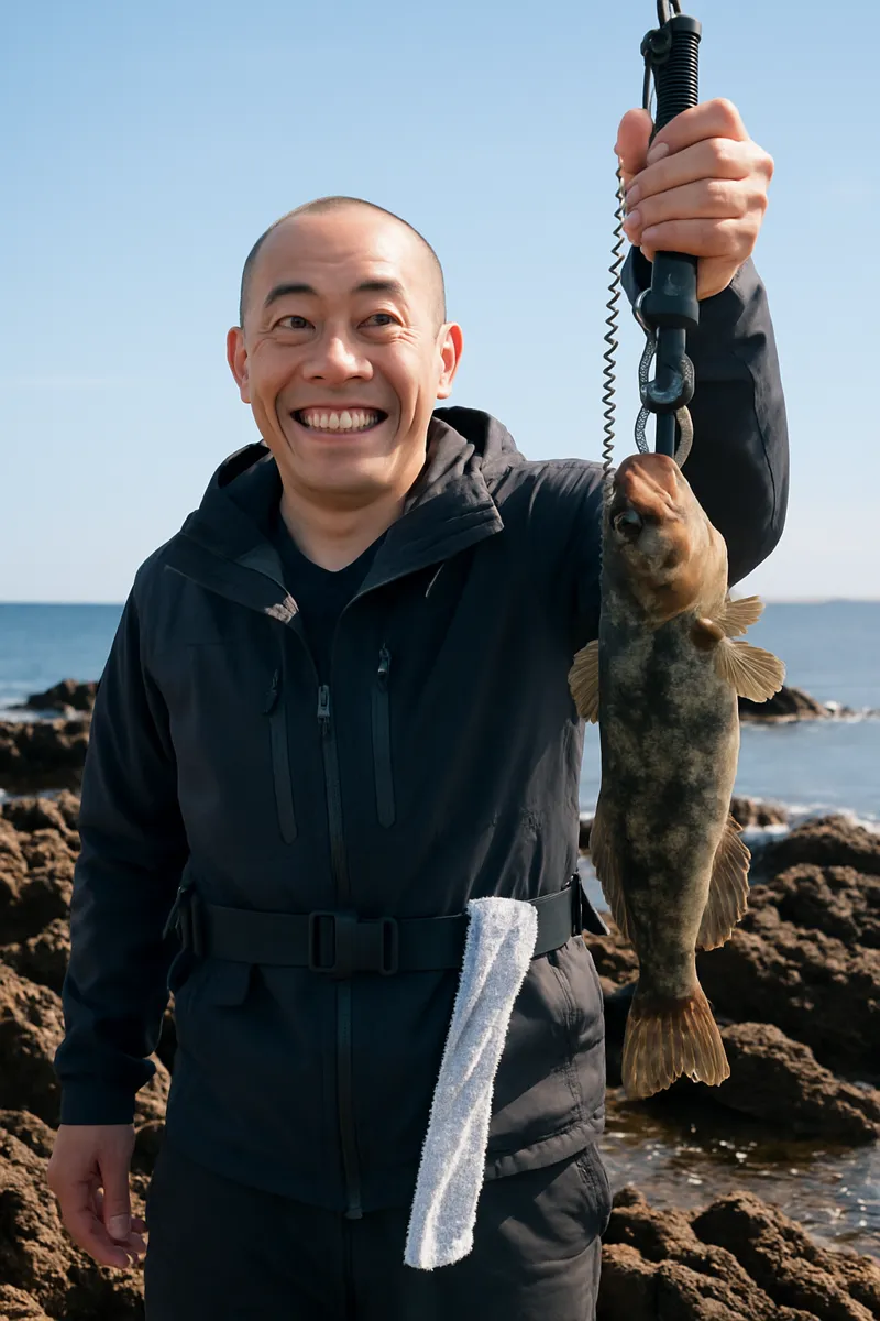 大久喜漁港でアイナメの釣果を得たがんだま君.webp