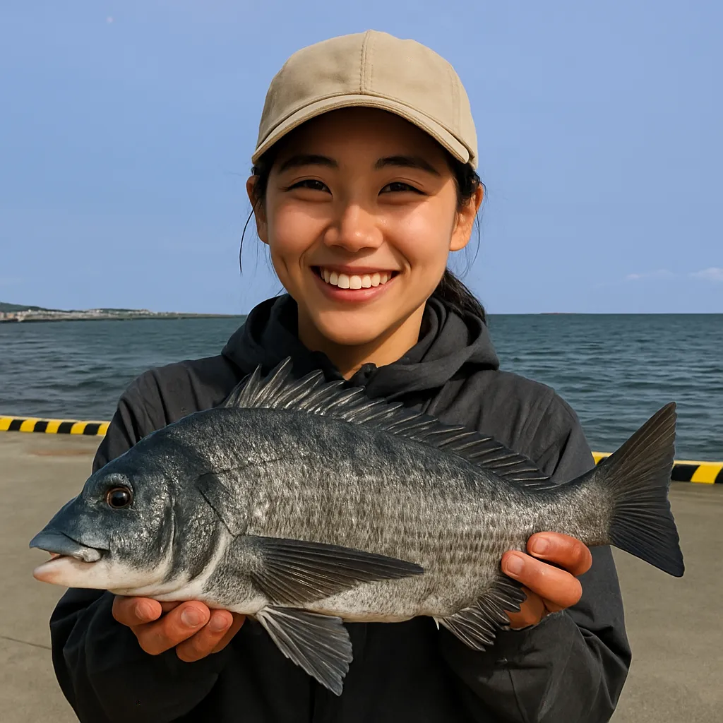 大在公共埠頭でチヌの釣果を得た女性.webp