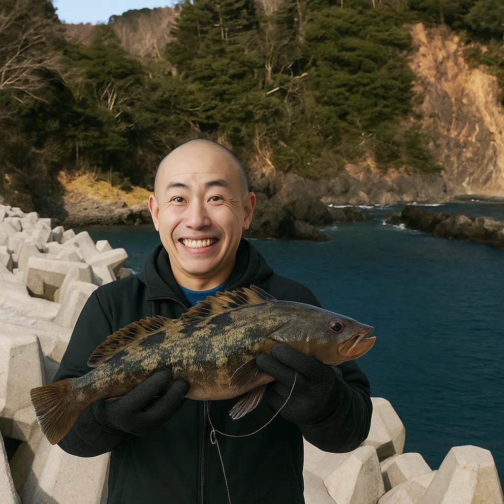 大指漁港でアイナメの釣果を得たがんだま君.webp