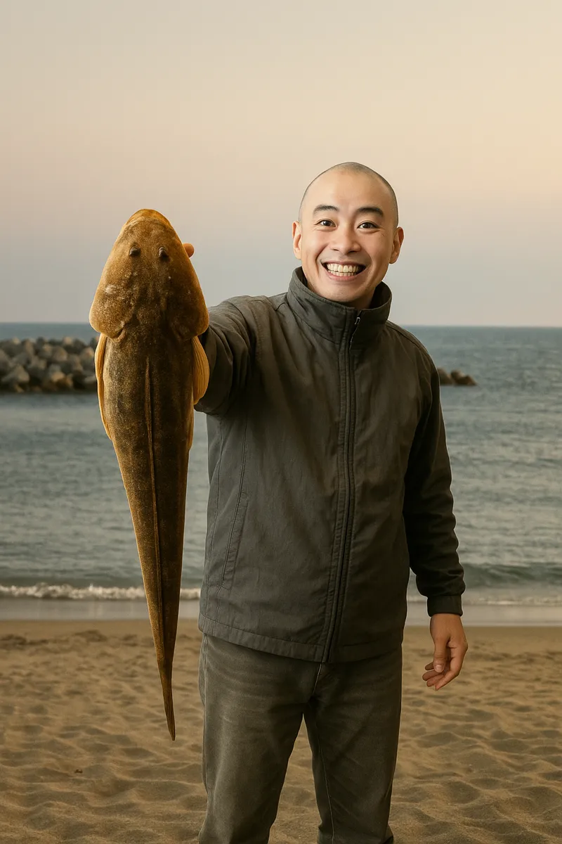 大曲浜でマゴチの釣果を得たがんだま君.webp