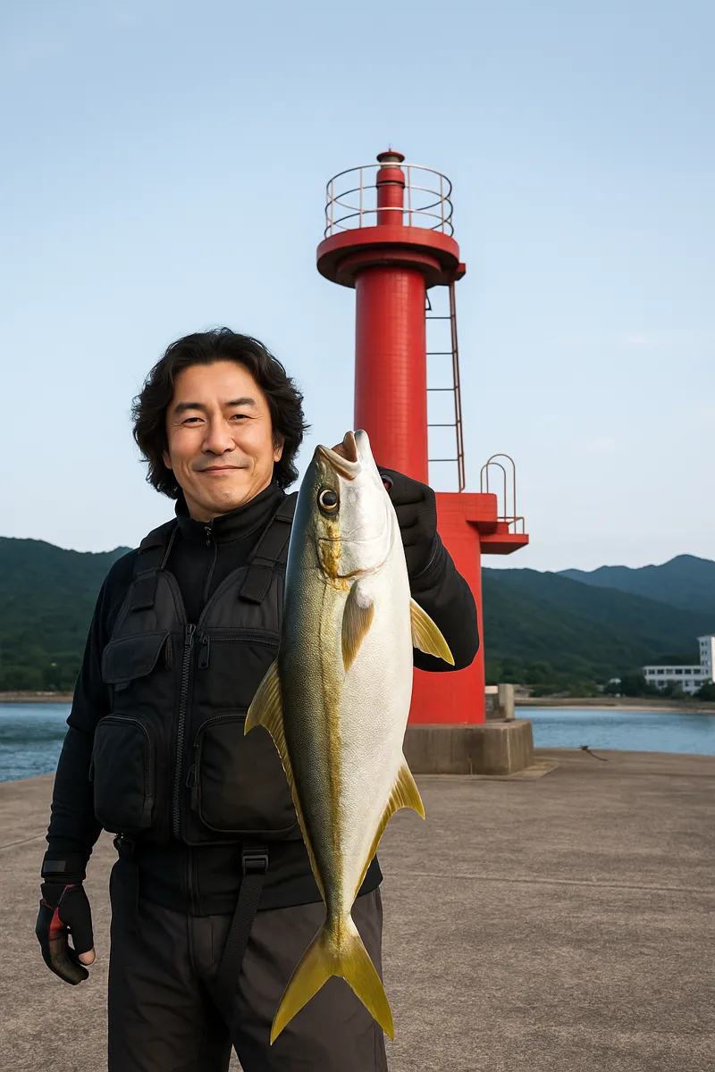 大泊港でヒラマサの釣果を得た岸本.webp