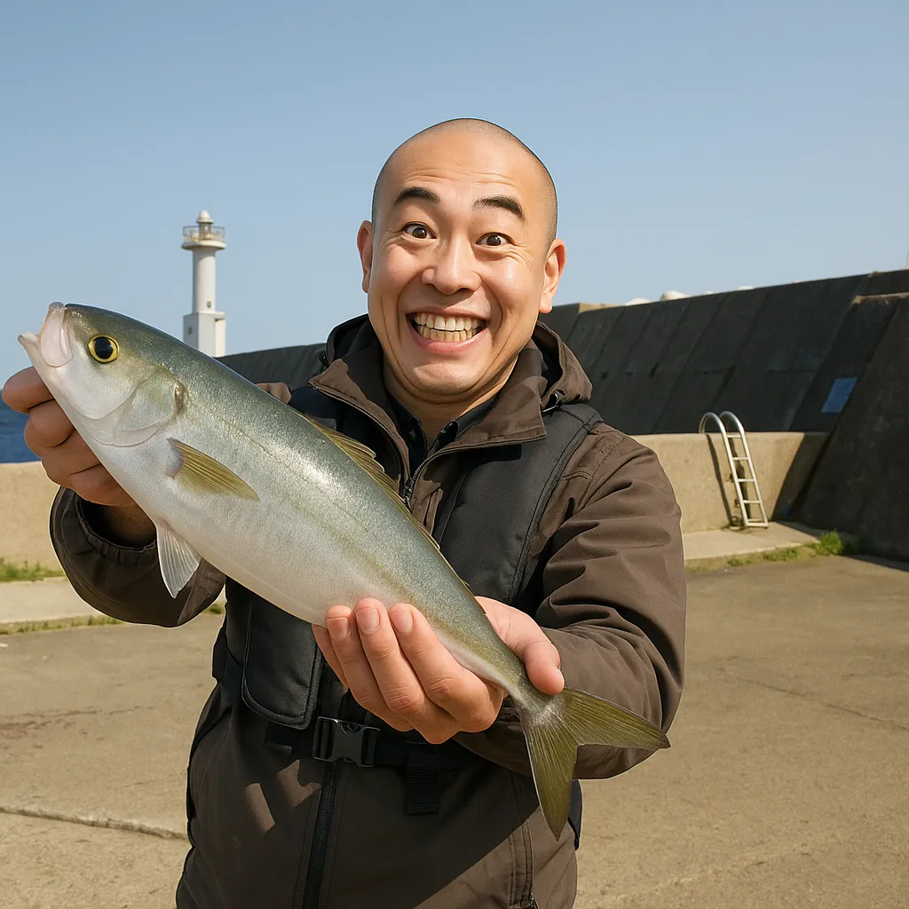 大畑漁港でアジの釣果を得たがんだま君.webp