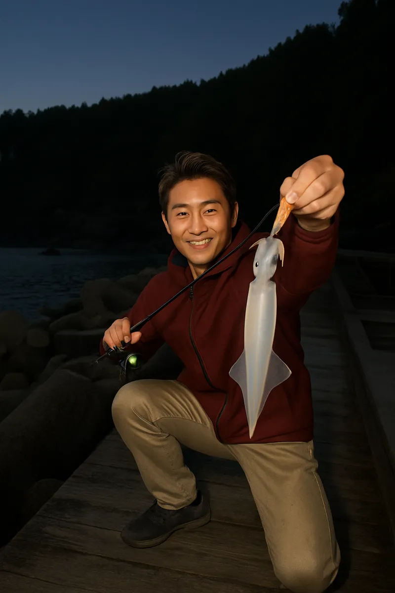 大祝漁港でヤリイカの釣果を得た亀岡.webp