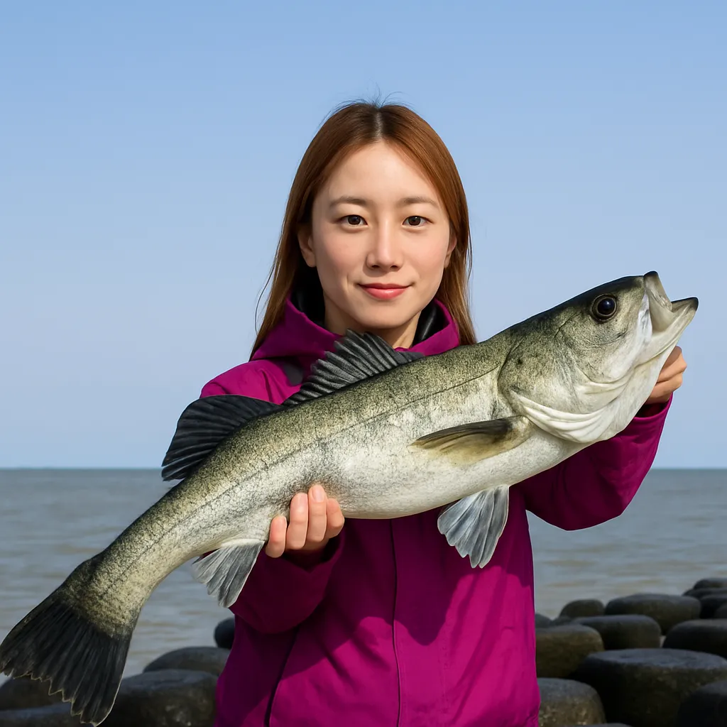 大野川河口でシーバスの釣果を得た女性.webp