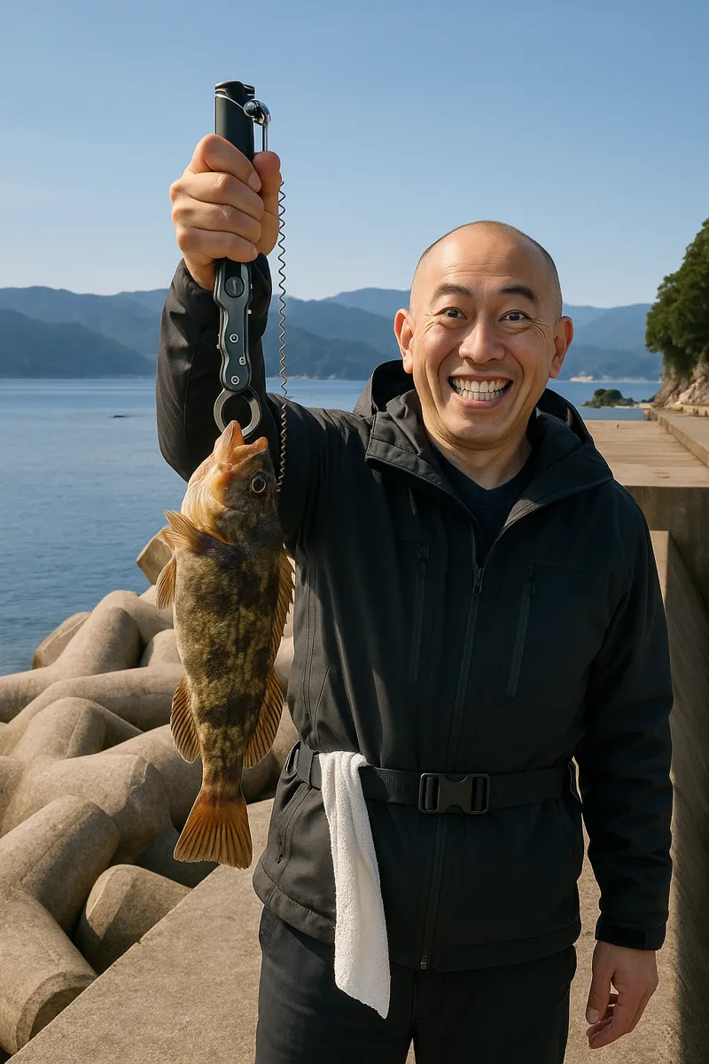 大陽漁港でアイナメの釣果を得たがんだま君.webp