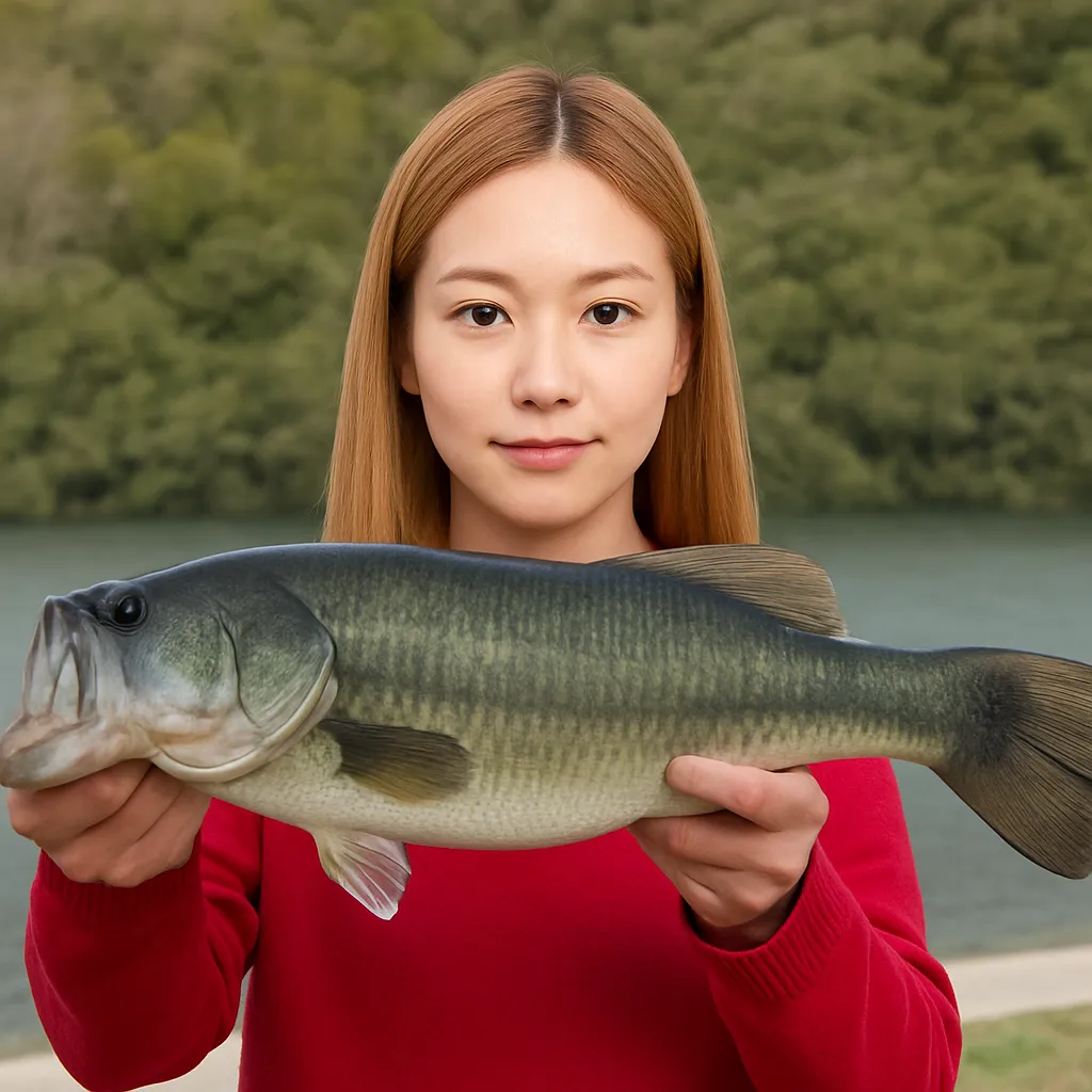 大隅湖でブラックバスの釣果を得た女性.webp