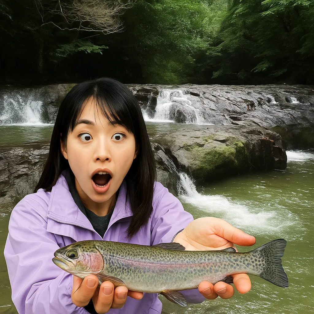 奥花瀬ニジマス釣場でニジマスの釣果を得た黒川.webp