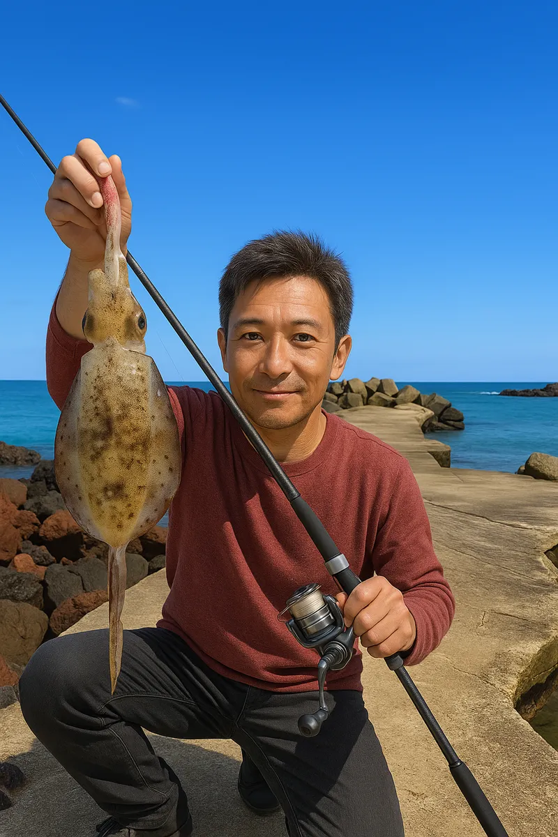女鹿漁港でアオリイカの釣果を得た亀岡.webp
