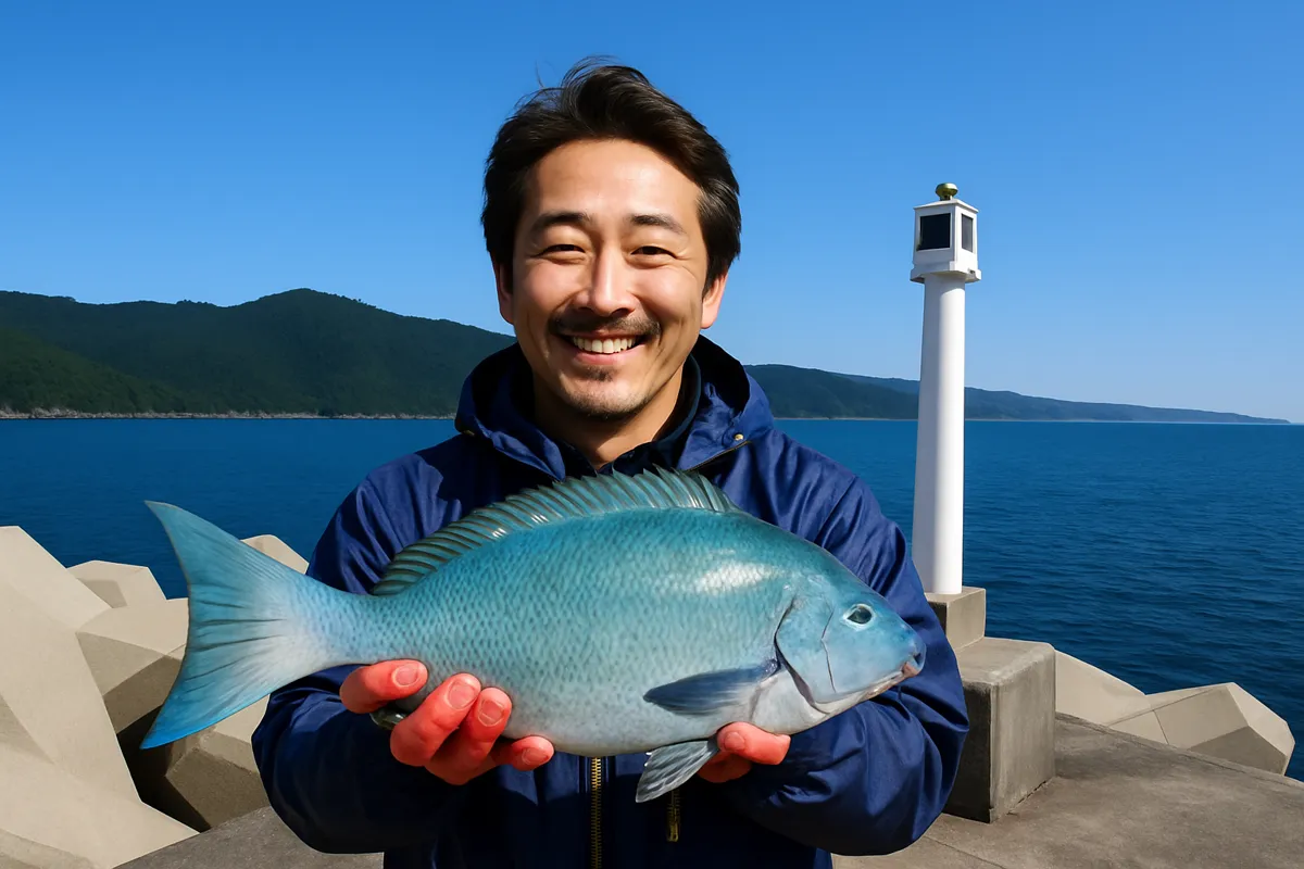宜名真漁港でシチューの釣果を得た佐々木.webp