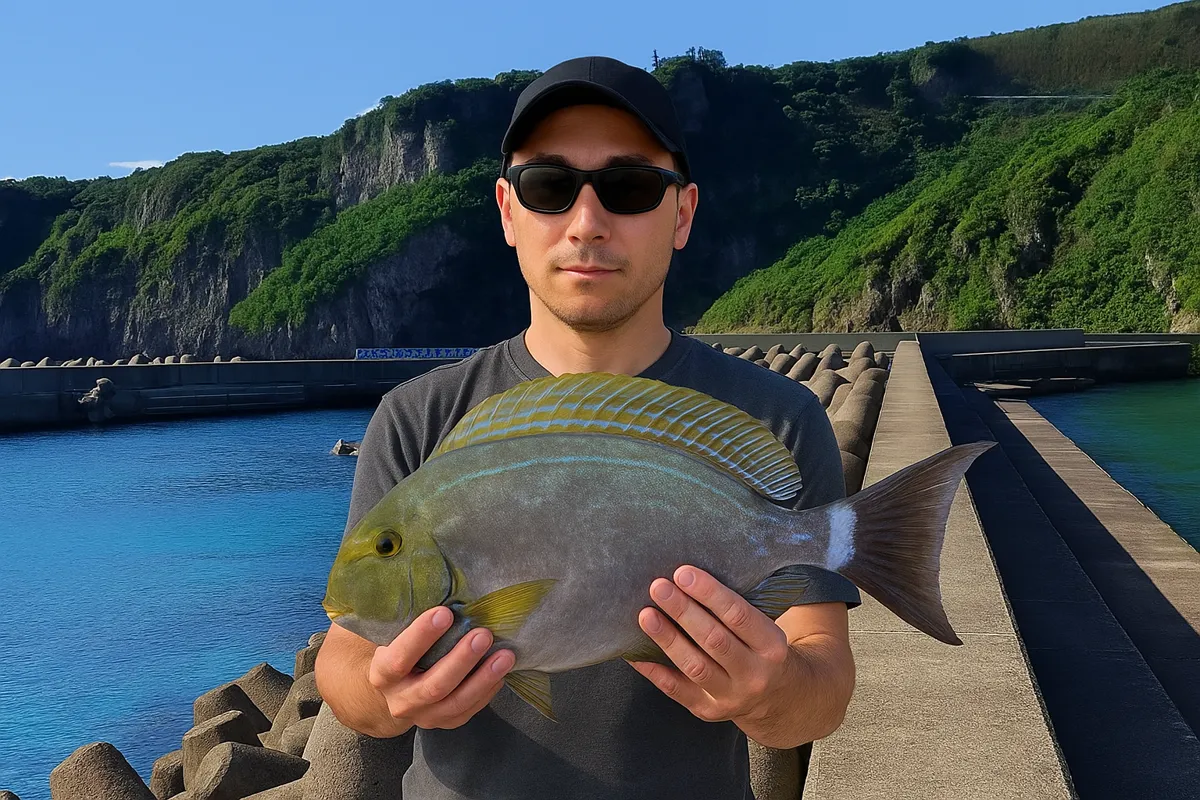 宜名真漁港でトカジャーの釣果を得た男性.webp