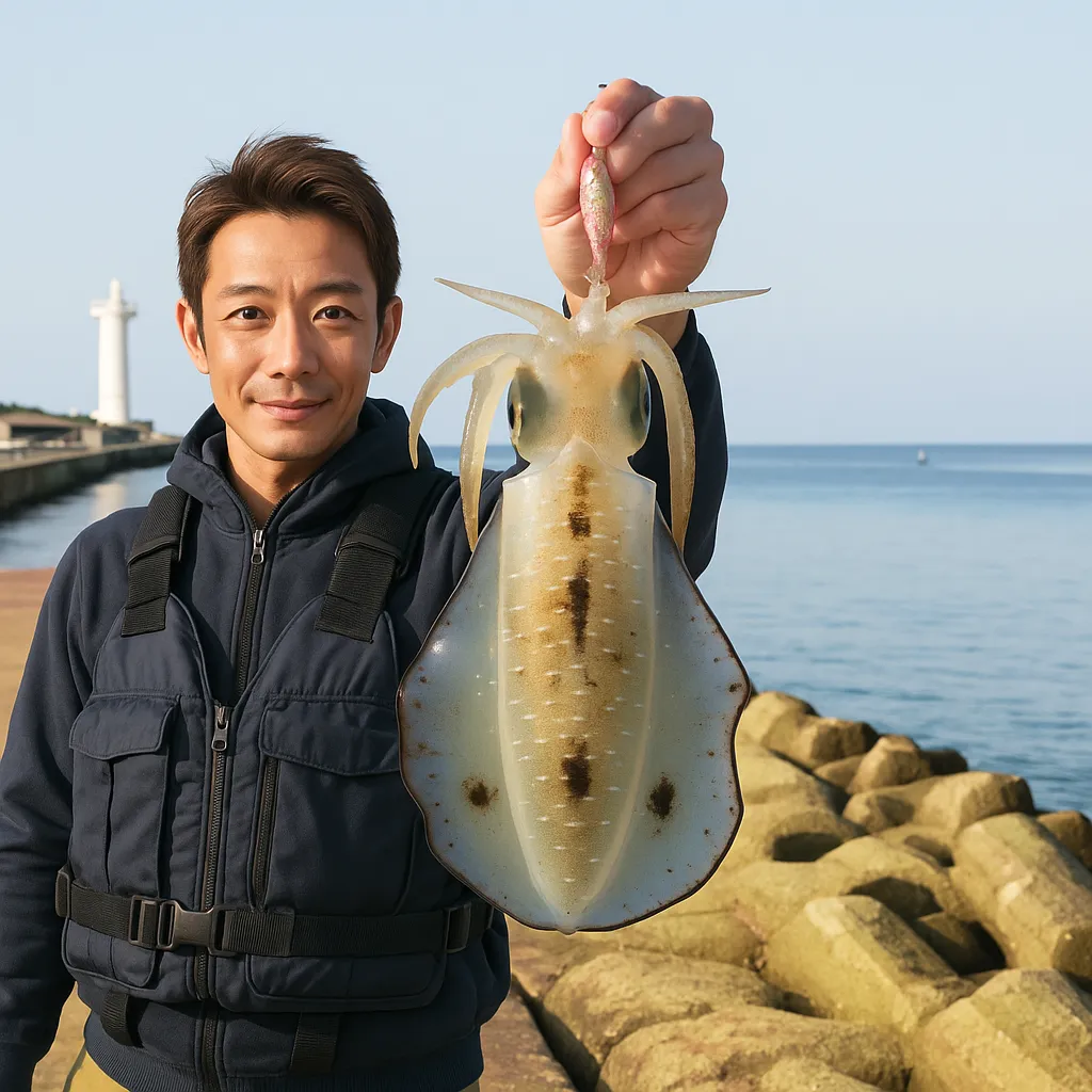 宜野湾マリーナでアオリイカの釣果を得た亀岡.webp