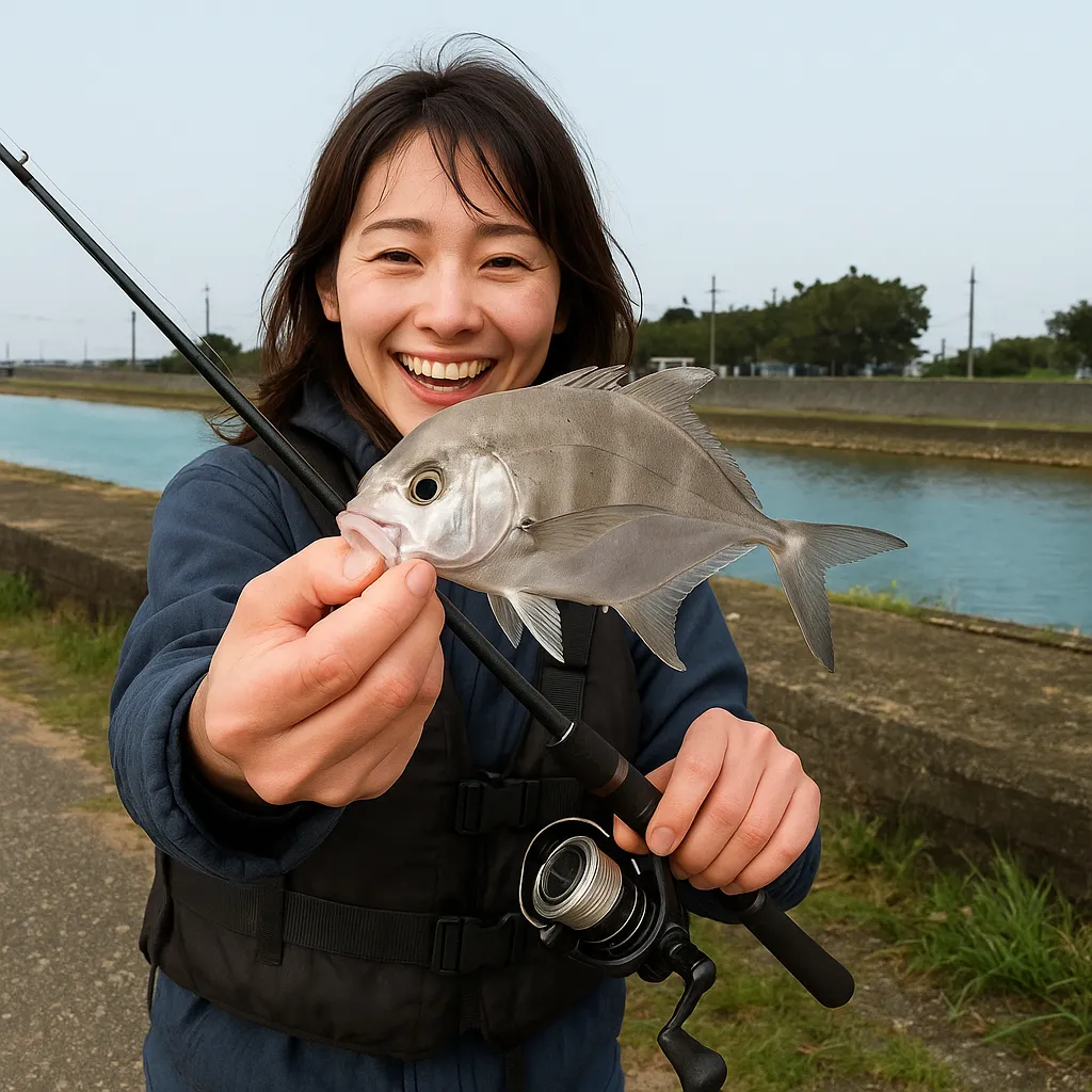 宮城島でガーラの釣果を得た女性.webp