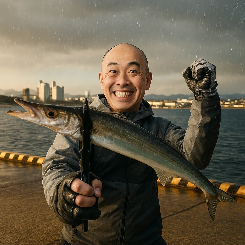 宮崎港でカマスの釣果を得たがんだま君.webp