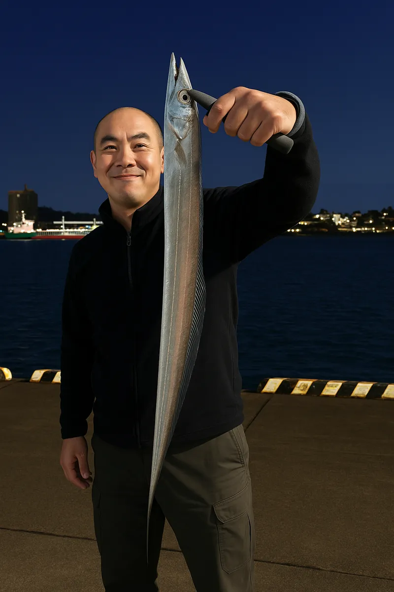 宮崎港でタチウオの釣果を得たがんだま君.webp