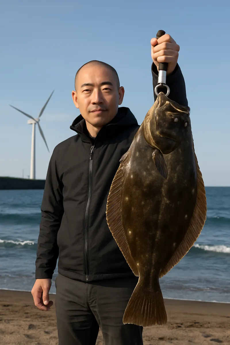 宮海海岸でヒラメの釣果を得たがんだま君.webp
