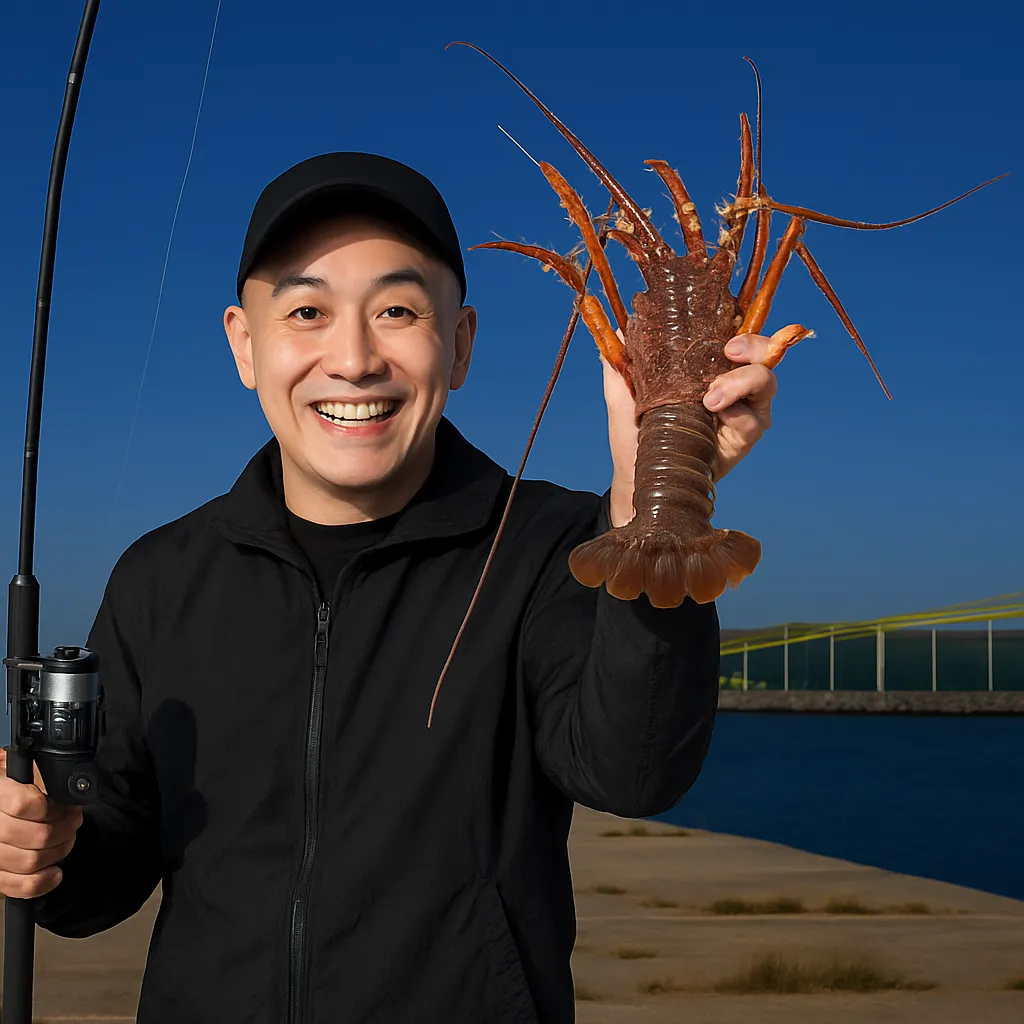 小名浜港でイセエビの釣果を得たがんだま君.webp