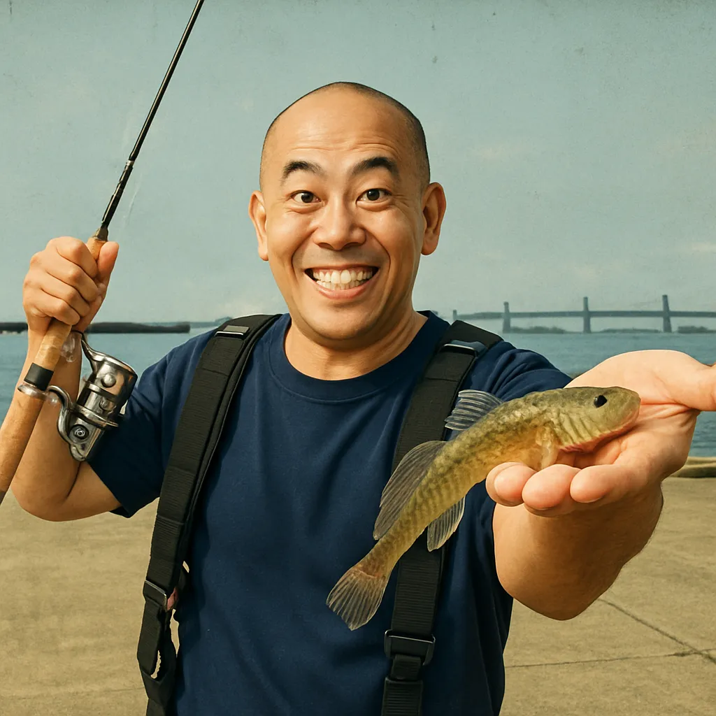 小名浜港でハゼの釣果を得たがんだま君.webp