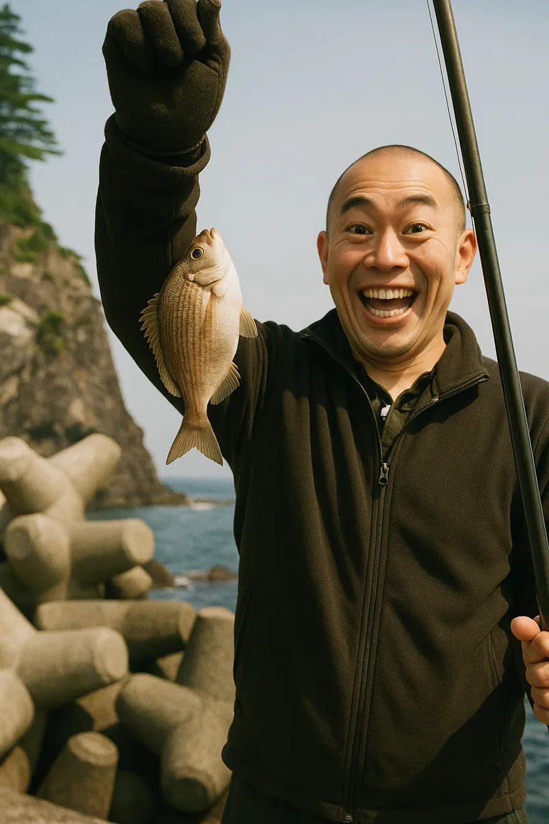 小堀内漁港でウミタナゴの釣果を得たがんだま君.webp