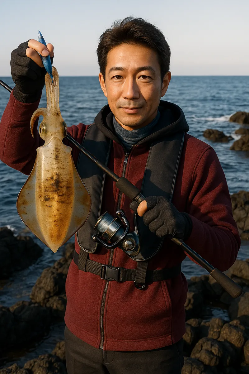 小岩川漁港でアオリイカの釣果を得た亀岡.webp