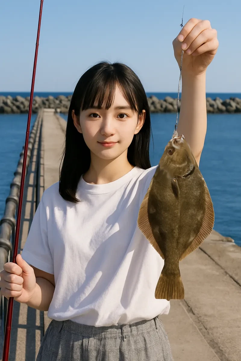 小泊マリンパークでマコガレイの釣果を得た佐伯.webp