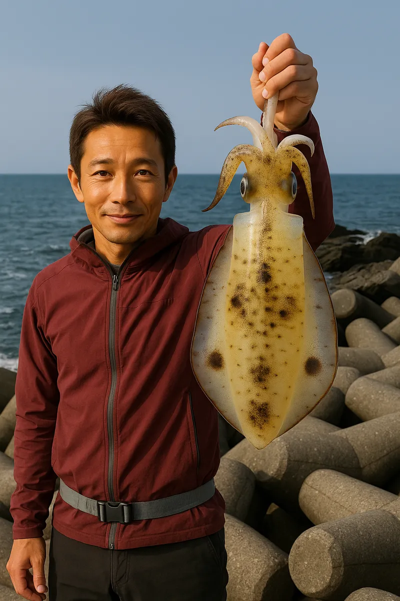 小波渡漁港でアオリイカの釣果を得た亀岡.webp