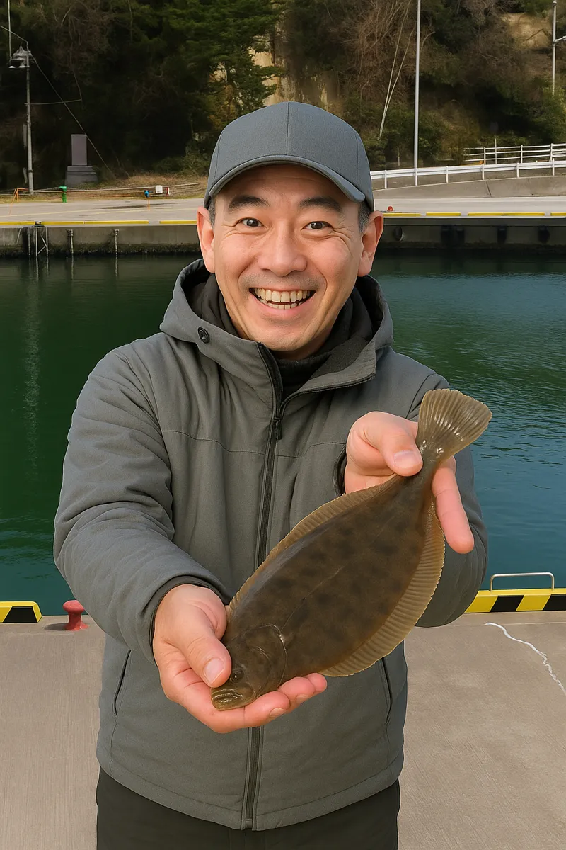 小浜港でカレイの釣果を得た男性.webp
