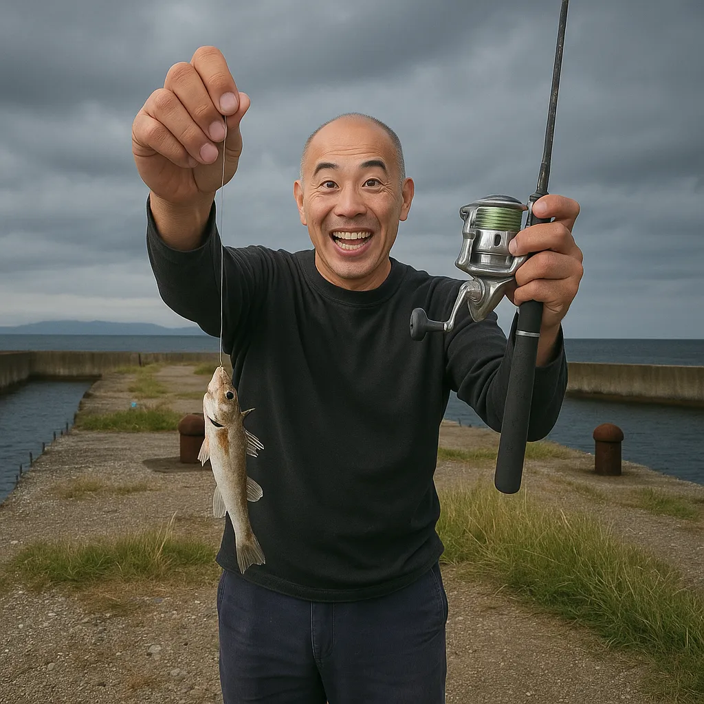 小湊漁港でハゼの釣果を得たがんだま君.webp