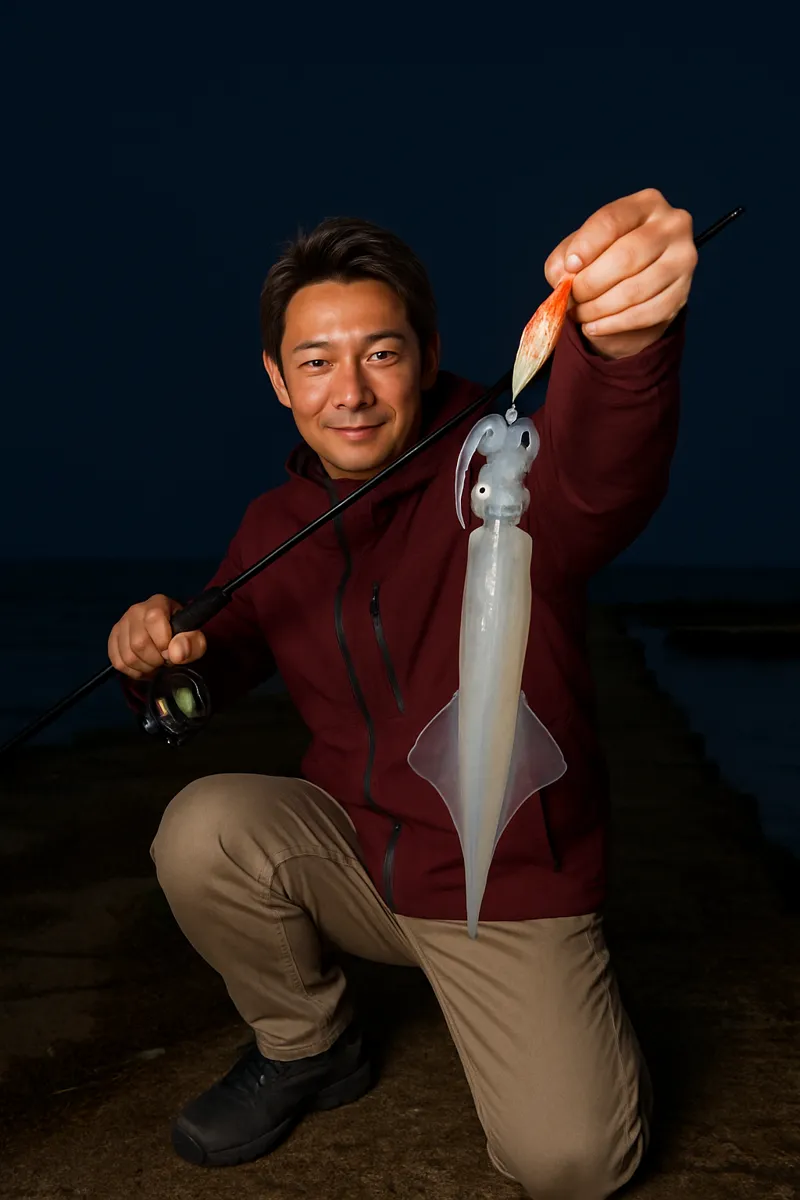 小湊漁港でヤリイカの釣果を得た亀岡.webp