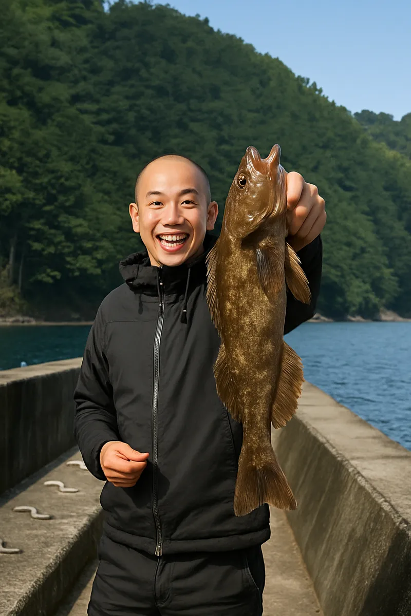小白浜漁港でアイナメの釣果を得たがんだま君.webp