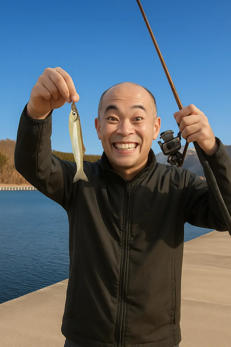 小石浜漁港でチカの釣果を得たがんだま君.webp